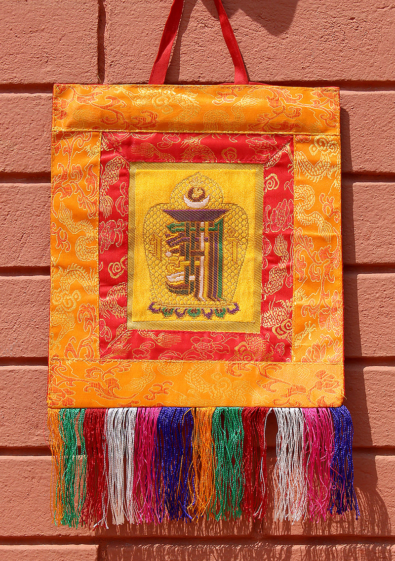 Orange Brocade Framed Tibetan Kalachakra Wall Hanging Banner