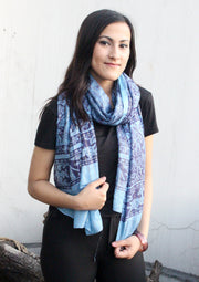 Light Blue Color Flower Print Cotton Scarf/Shawl From Nepal - nepacrafts