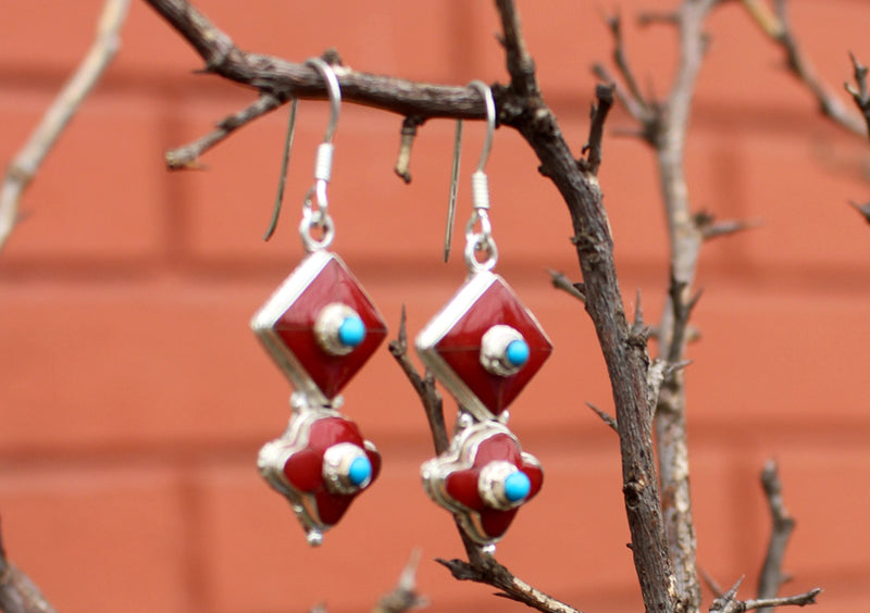 Square Shaped Floral Dangle Silver Earrings - nepacrafts