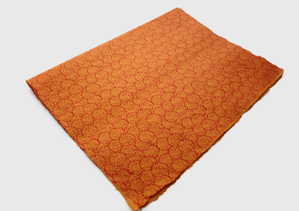 Orange with Red Flower Printed Handmade Gift Wrapping Lokta Paper Sheets - nepacrafts