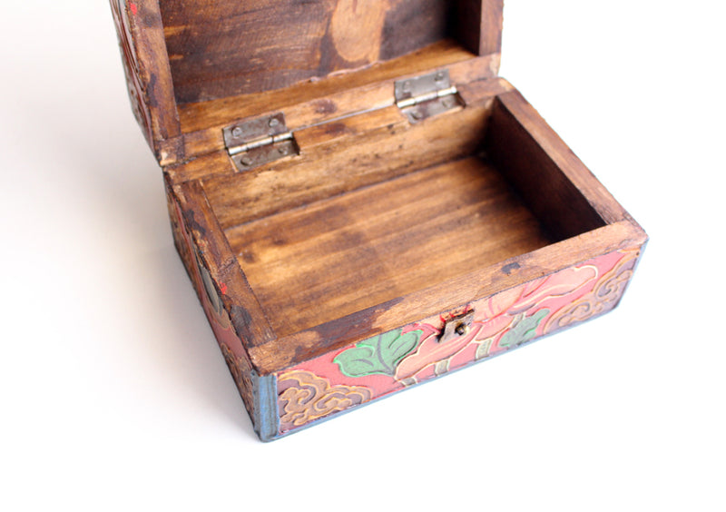 Hand Carved Cheppu and Lotus Symbol Painted Tibetan Wooden Box - nepacrafts