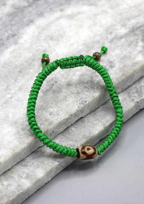 Dzi Bead on Green Lucky Knots Bracelet