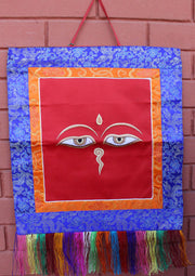 Buddha Eyes Embroidery Brocade Framed Wall Hanging - nepacrafts