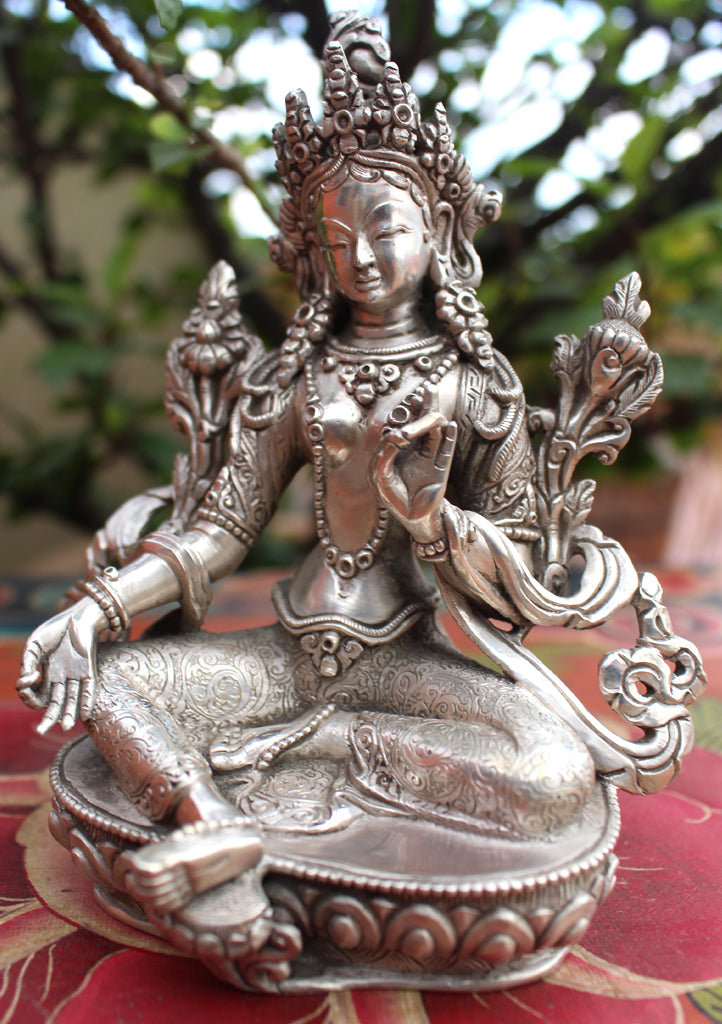 925 Sterling Silver Majestic Green Tara Statue 5.5" - nepacrafts