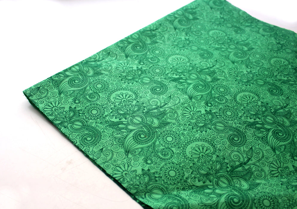 Flower Printed Green Handmade Gift Wrapping Lokta Paper Sheets - nepacrafts