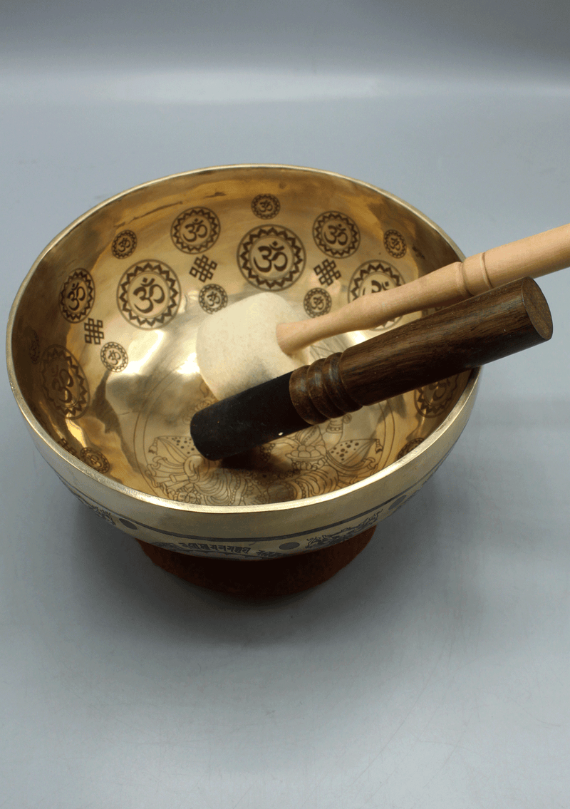 Handmade Ganesha Etched Gulpa Singing Bowl with Om Mandala