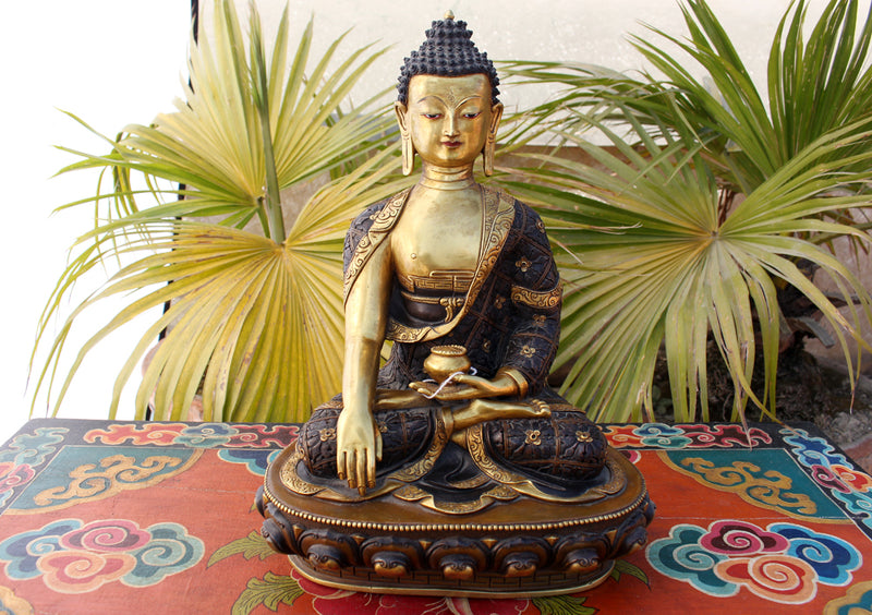12" High Gold Plated Shakyamuni Buddha Statue on the Wooden Throne - nepacrafts