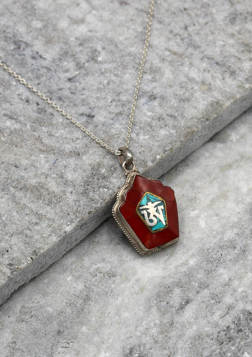 Coral Inlaid Tibetan Om Sterling Silver Pendant - nepacrafts