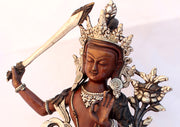 Silver Plated Copper Oxidized Manjushri Statue 8 Inch High - nepacrafts