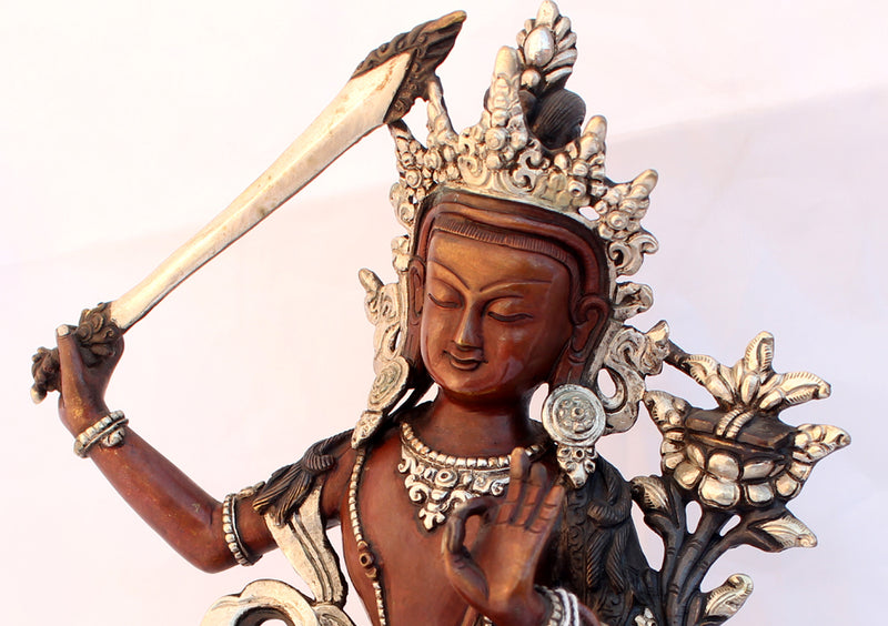 Silver Plated Copper Oxidized Manjushri Statue 8 Inch High - nepacrafts