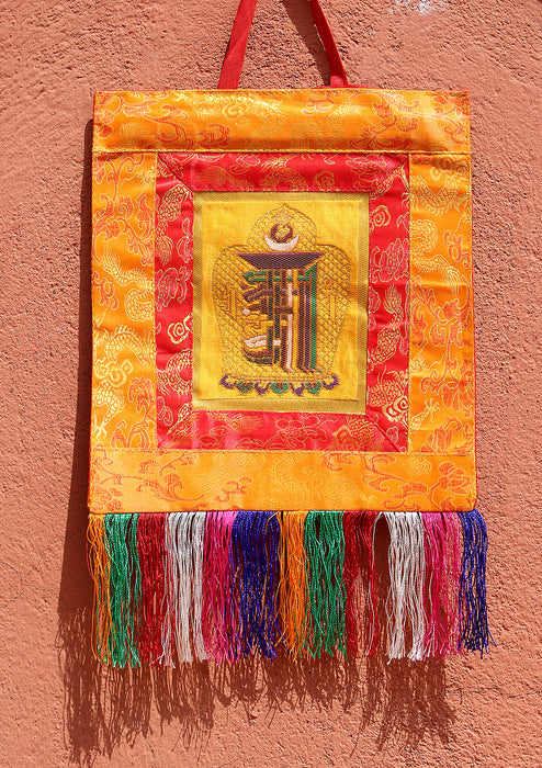 Orange Brocade Framed Tibetan Kalachakra Wall Hanging Banner