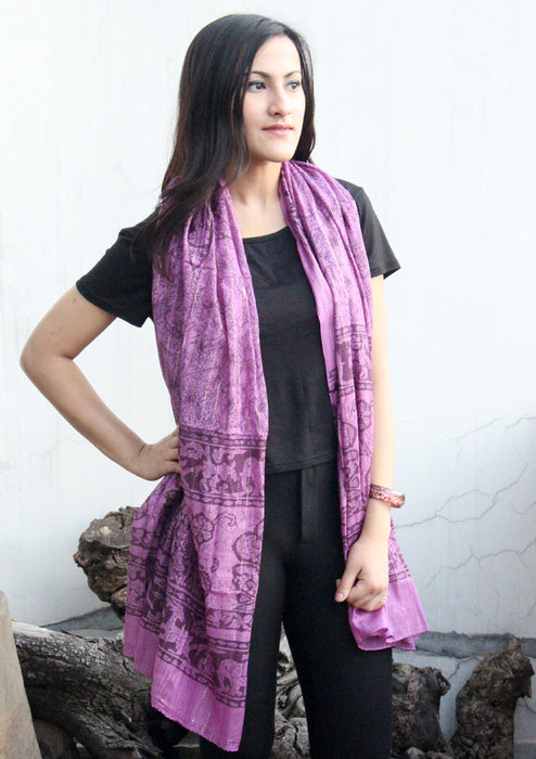 Cotton Dark Purple Scarf with Flower and Elephant Print From Nepal - nepacrafts