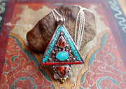 Traditional Tibetan Triangle Shape Turquoise and Coral Pendant - nepacrafts