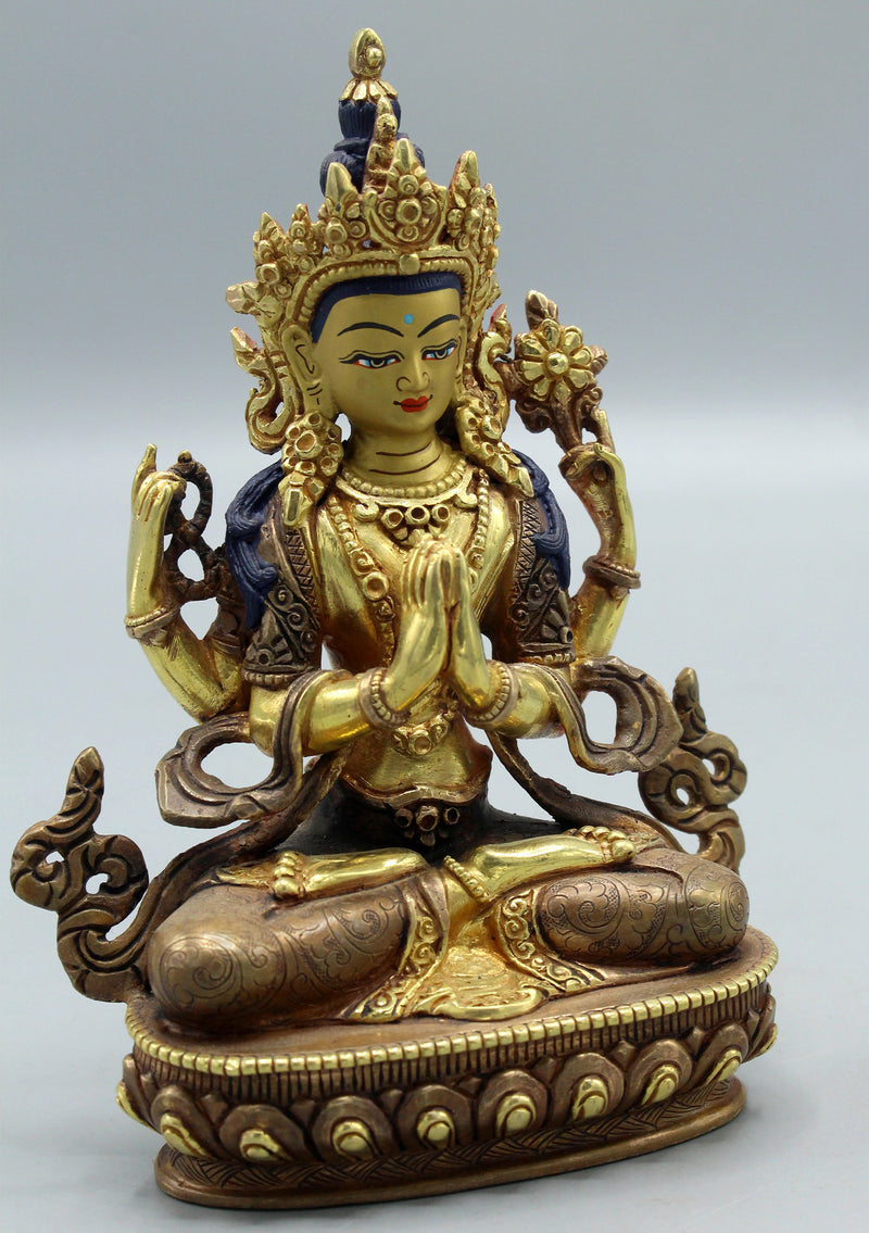 Partly Gold Plated Avalokisteswora Chenrezig Statue 6"
