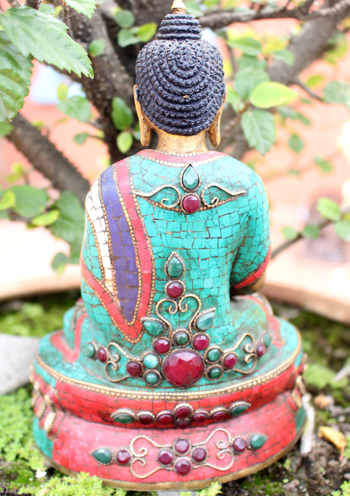8.5" High Amitabh Buddha Statue Inlaid Turquoise and Coral - nepacrafts
