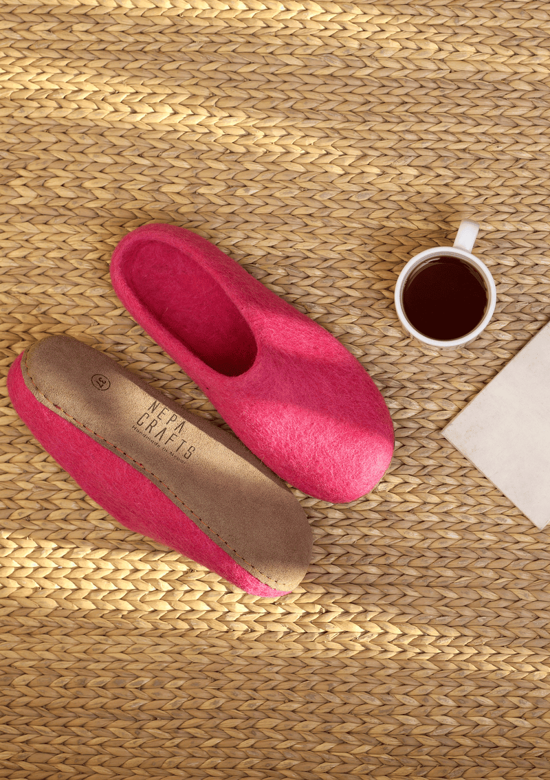Hand Felted Woolen Cozy Indoor Slippers - Bright Pink