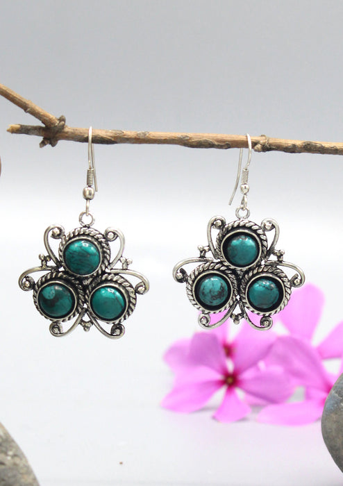 Turquoise Inlaid Floral Silver Plated Earrings