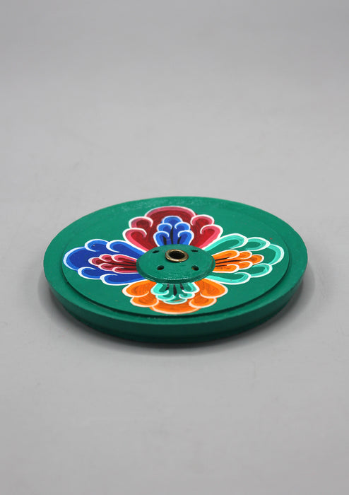 Green Hand Painted Round Floral Wooden Incense Burner