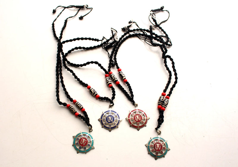 White Metal Tibetan Om Dharmachakra Pendant - nepacrafts