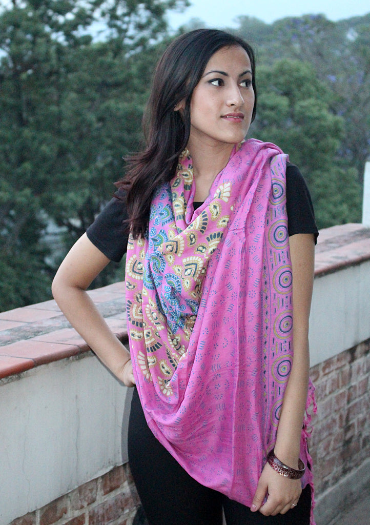 Pink Mandala Print Cotton Shawl/Scarf with Fringe - nepacrafts