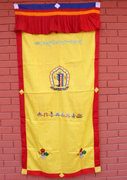 Cotton Wall Hanging Door Curtain Embroidered with Tibetan Kalachakra - nepacrafts
