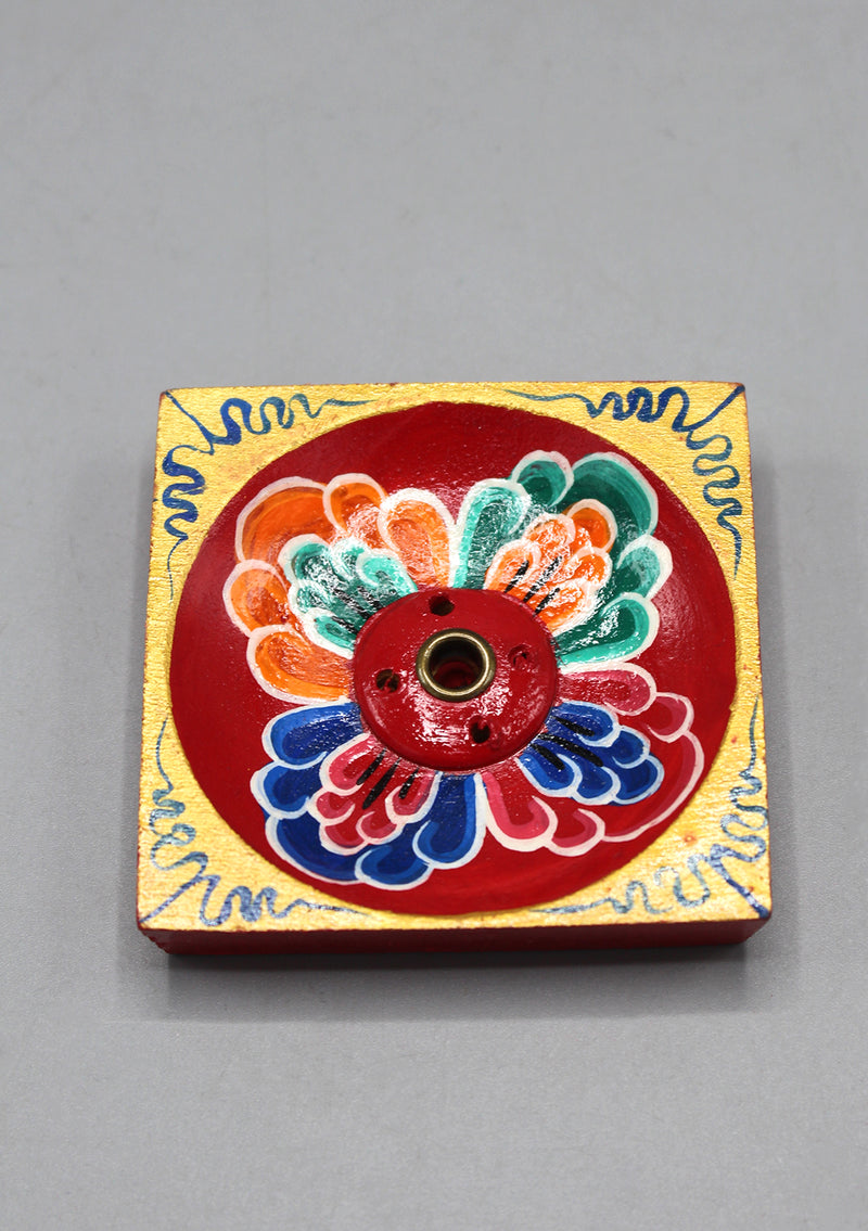 Hand carved and Hand Painted Square Wooden Incense Holder