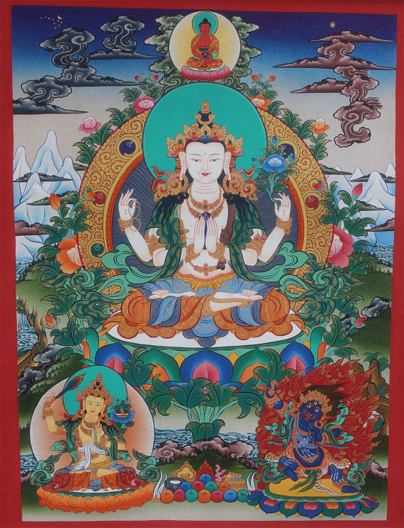 Thangka of Chenrezig with Buddha and Bodhisattvas 67x50cm