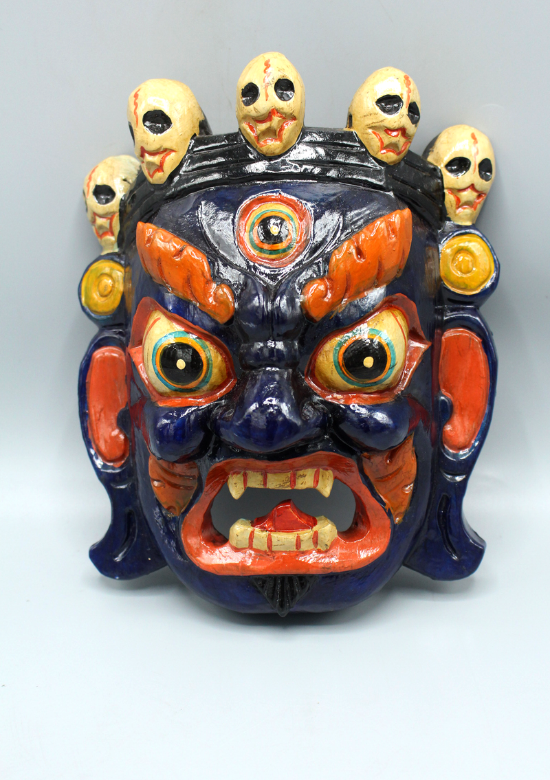 Handcarved and Painted Wooden Bhairav Wall Hanging Mask - Blue