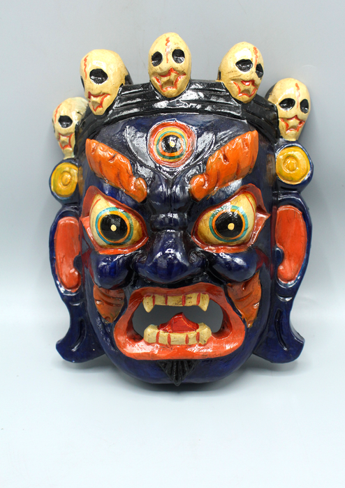 Handcarved and Painted Wooden Bhairav Wall Hanging Mask - Blue
