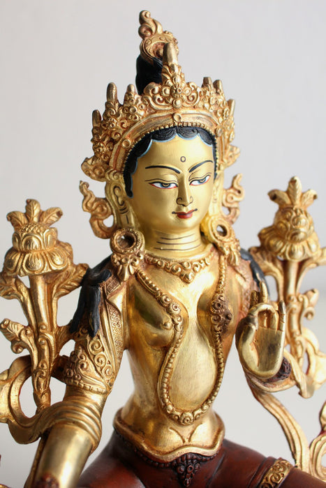 Majestic Green Tara Partly Gold Plated Tara Statue 8.6" High PST280