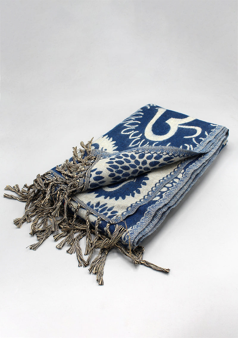Blue Color Hindu OM Printed Himalayan Yak Wool Shawl