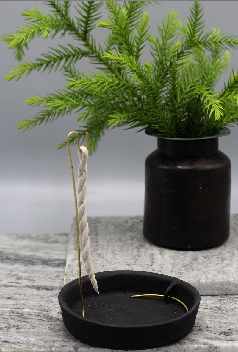 Black Ceramic Base Plate and Brass Stand for Rope Incense