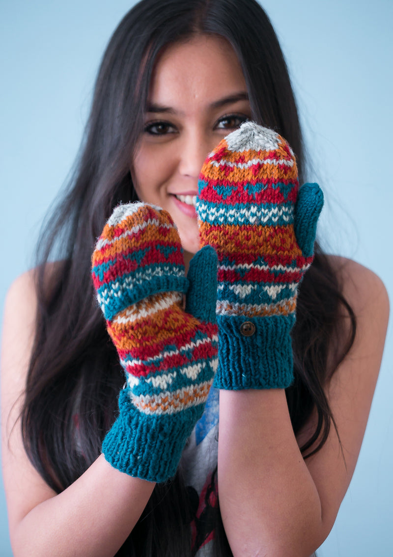 Hand knit Multicolor Woolen Convertible Mittens (Blue Mix WO24G)
