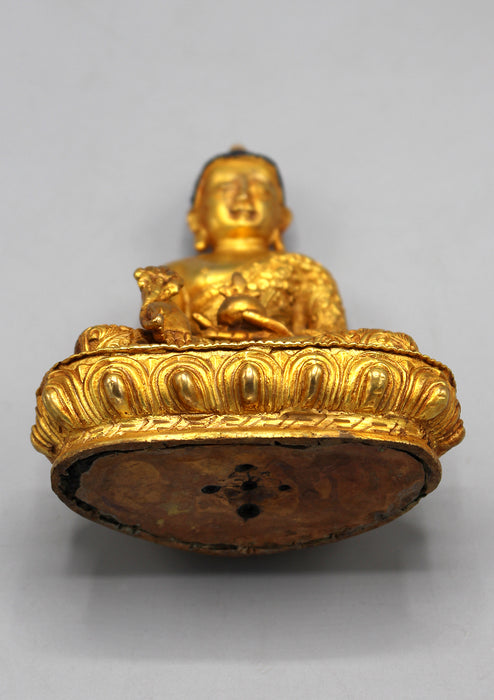 Fully Gold Plated Medicine Buddha Statue - Lotus, Flower carved