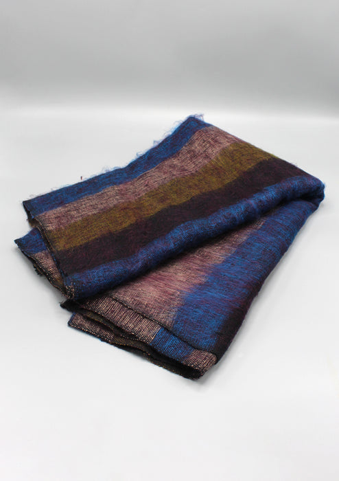Blue Brown Mix Stripe Hand-loomed Yak Wool Shawl