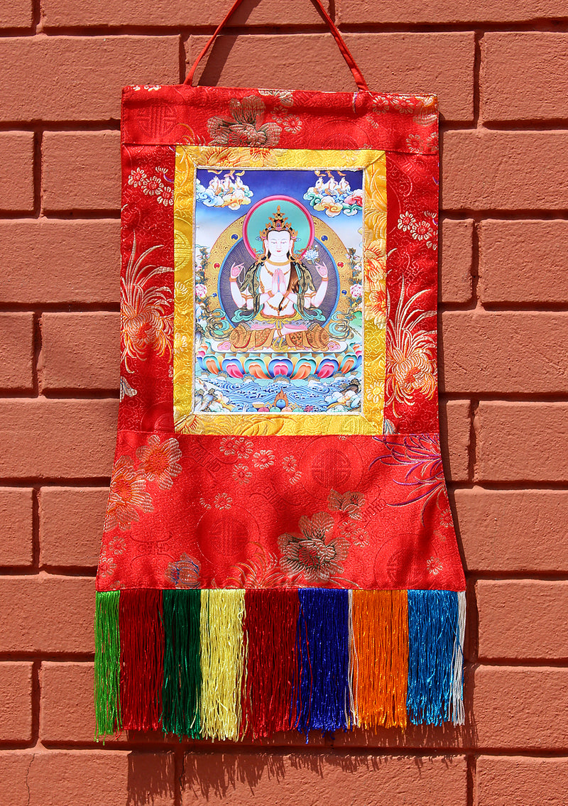 Silk Brocade Chenrezig Thangka Wall Hanging