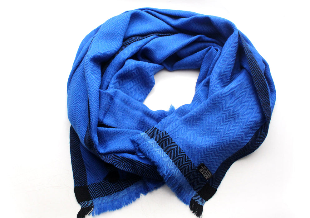 Luxurious Blue 100 % Exclusive Cashmere Shawl with Border Herringbone Pattern - nepacrafts