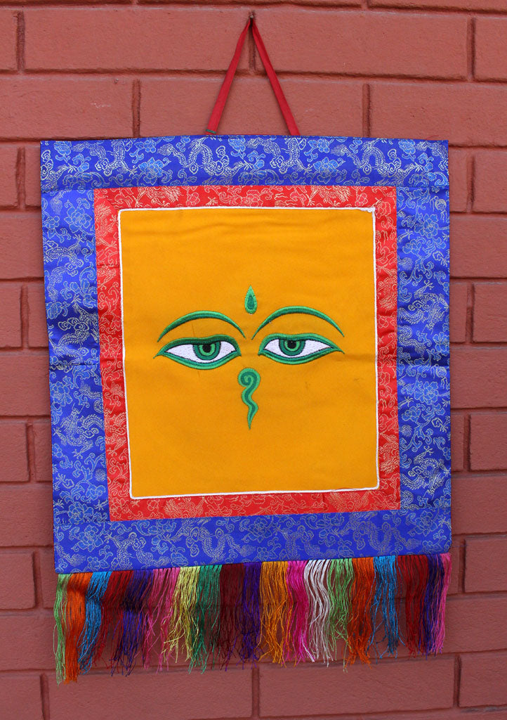 Buddha Eyes Embroidery Brocade Framed Wall Hanging - nepacrafts