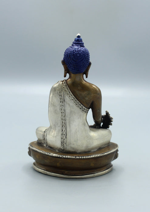 Copper Medicine Buddha Statue with Silver Robe 5.5"