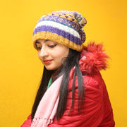 Hand Knit 100% Woolen Yellow, Blue and Pink Multicolored Sherpa Pom Pom Beanie - nepacrafts