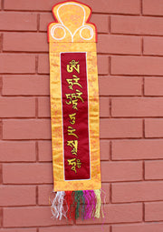 Tibetan Deities Tara Mantra Embroidered Polyester Brocade Wall Hanging Banner - nepacrafts