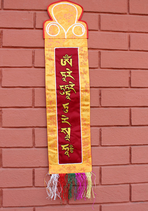 Tibetan Deities Tara Mantra Embroidered Polyester Brocade Wall Hanging Banner - nepacrafts