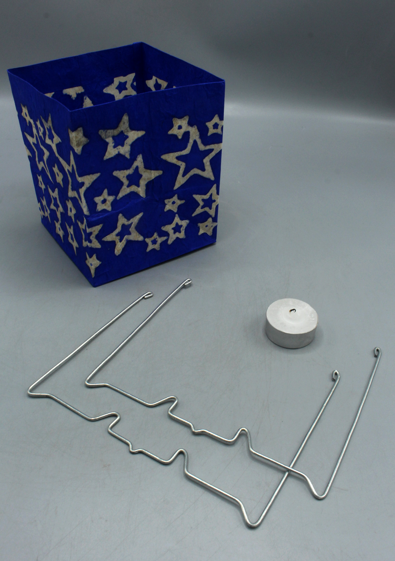 Handmade Star Printed Blue Lokta Paper Candle Lamp