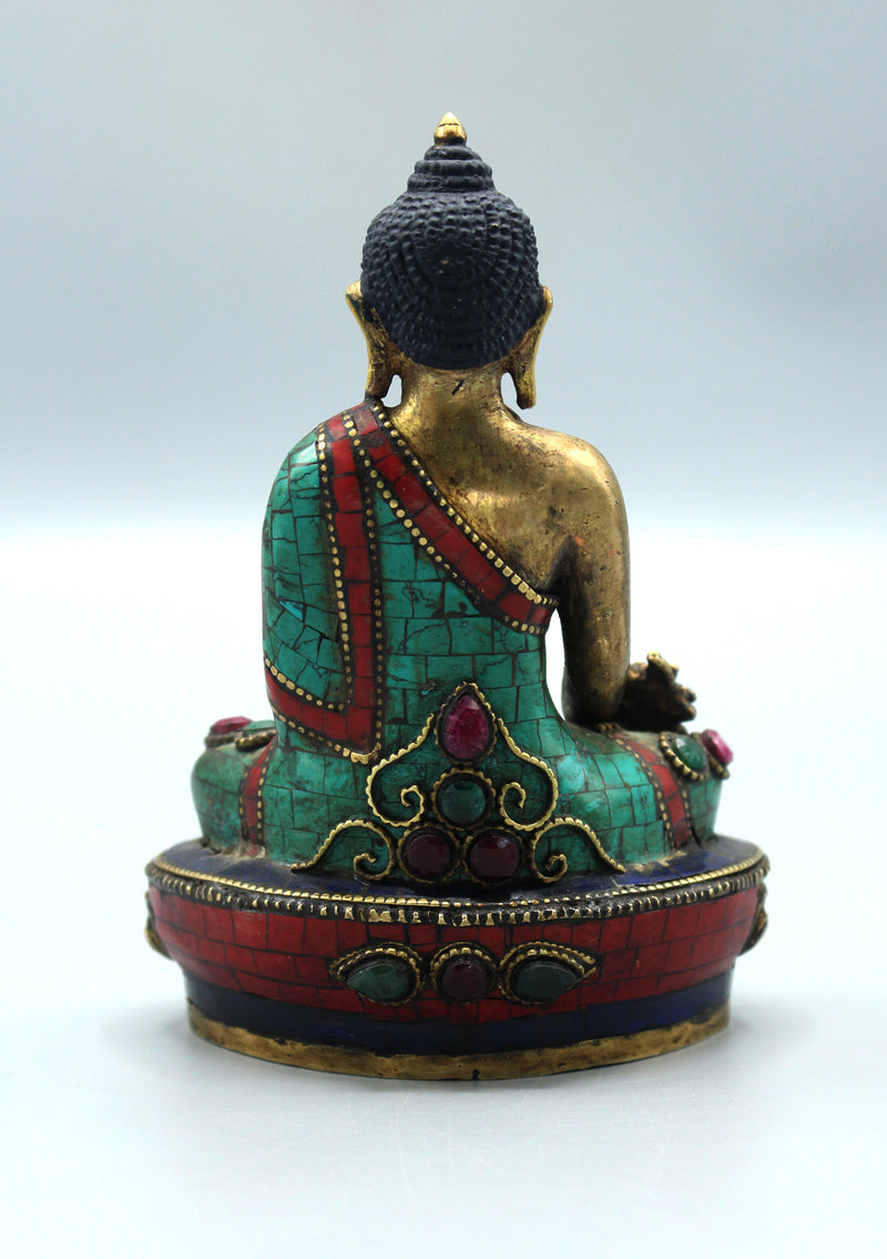 Face Painted Ruby and Emerald Inlaid Medicine Buddha Statue 5.5"
