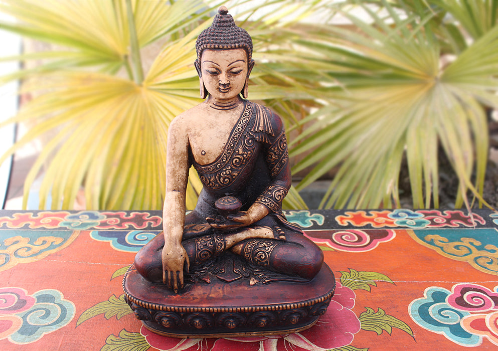 Floral Motif Carved Brown Resin Shakyamuni Buddha Statue 9" - nepacrafts