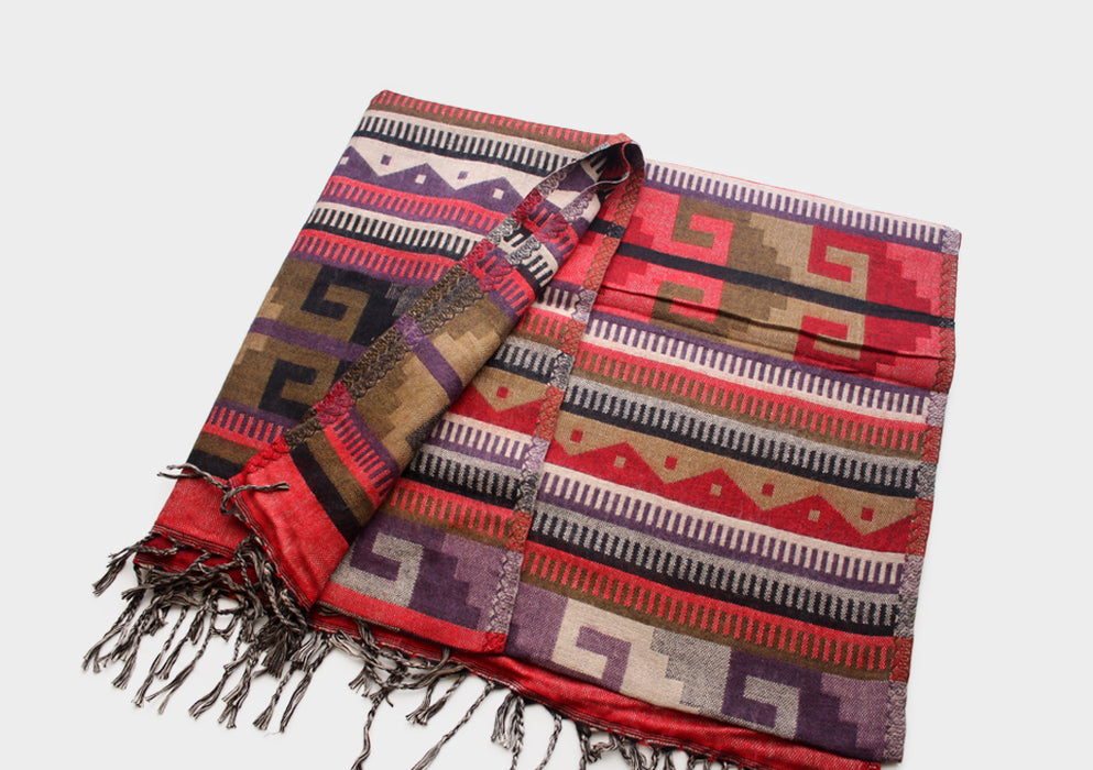 Traditional Purple and Red Printed Himalayan Yak Wool Shawl - nepacrafts