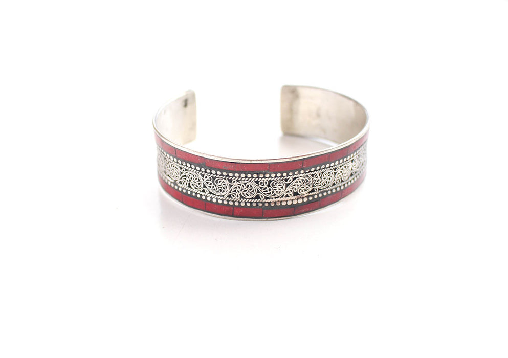 Inlaid White Metal Filigree Design Tibetan Bracelets - nepacrafts