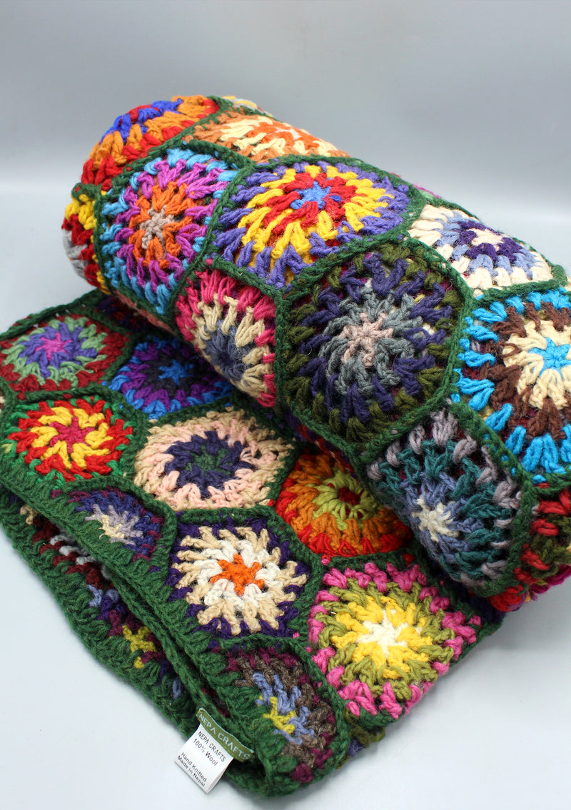 Beautifully Hand Crocheted Green Multi Color Woolen Blanket