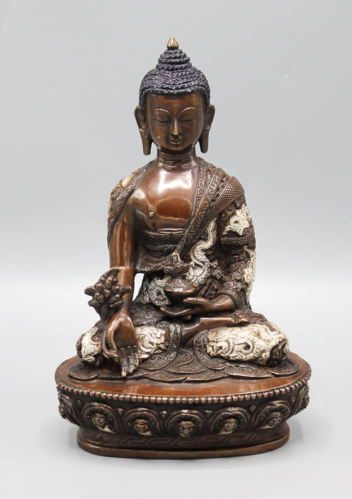 Copper Oxidized Medicine Buddha Silver Robe Carving Statue