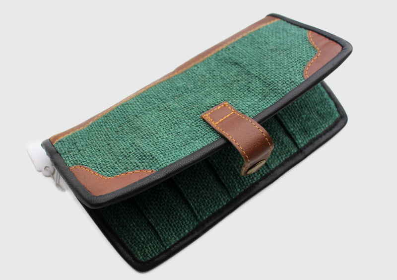 Green Hemp Clutch Purse with Leather Edging, Women Hand Purse - nepacrafts